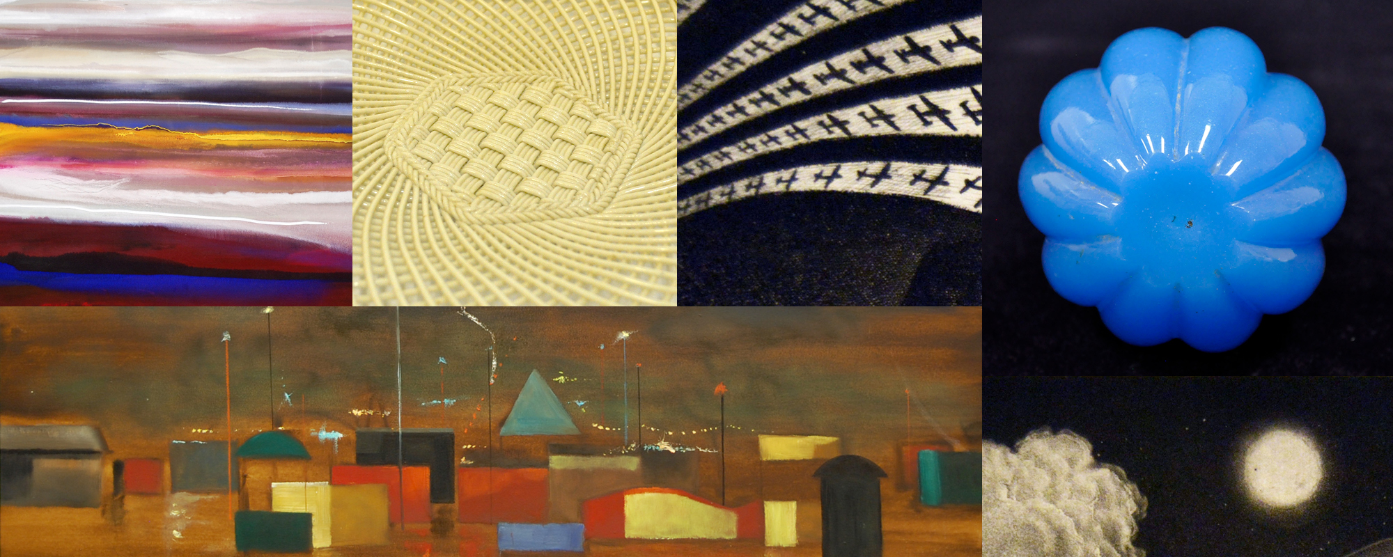 Collage of art objects representing art elements like line, shape, space and color.