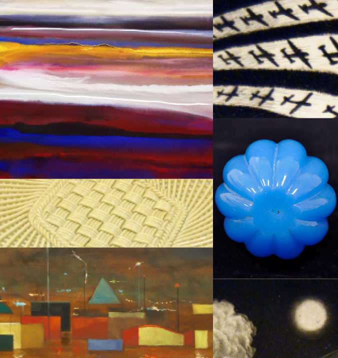 Collage of art objects representing art elements like line, shape, space and color.