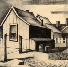 Pencil drawing of a small houses in a row.