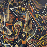 An abstract painting evocative of stringed and brass musical instruments and musical notes in varying shades of yellow and brown over a dark background.