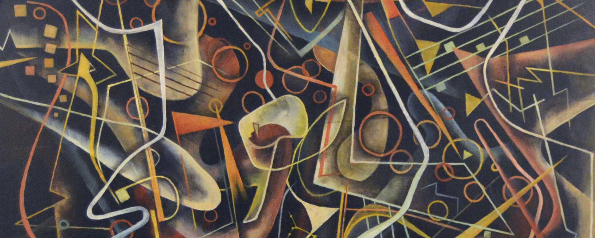 An abstract painting evocative of stringed and brass musical instruments and musical notes in varying shades of yellow and brown over a dark background.