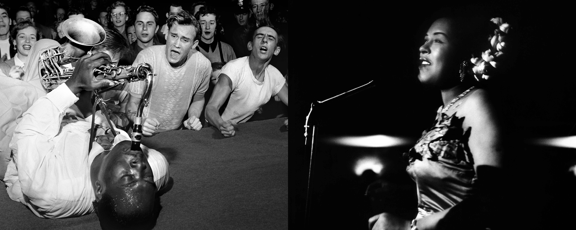 L: Black and white photograph of Big Jay McNeely laying on stage playing saxophone on his back. An audience of teenagers looks on in exuberance. R: Black and white photograph of side profile view of Billie Holiday performing at the Tiffany Club in Los Angeles in 1952.