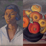 Collage of two paintings by Kathleen Blackshear. Left, portrait of a woman named Mad'line. Right, a bowl of red, yellow, and orange flowers.