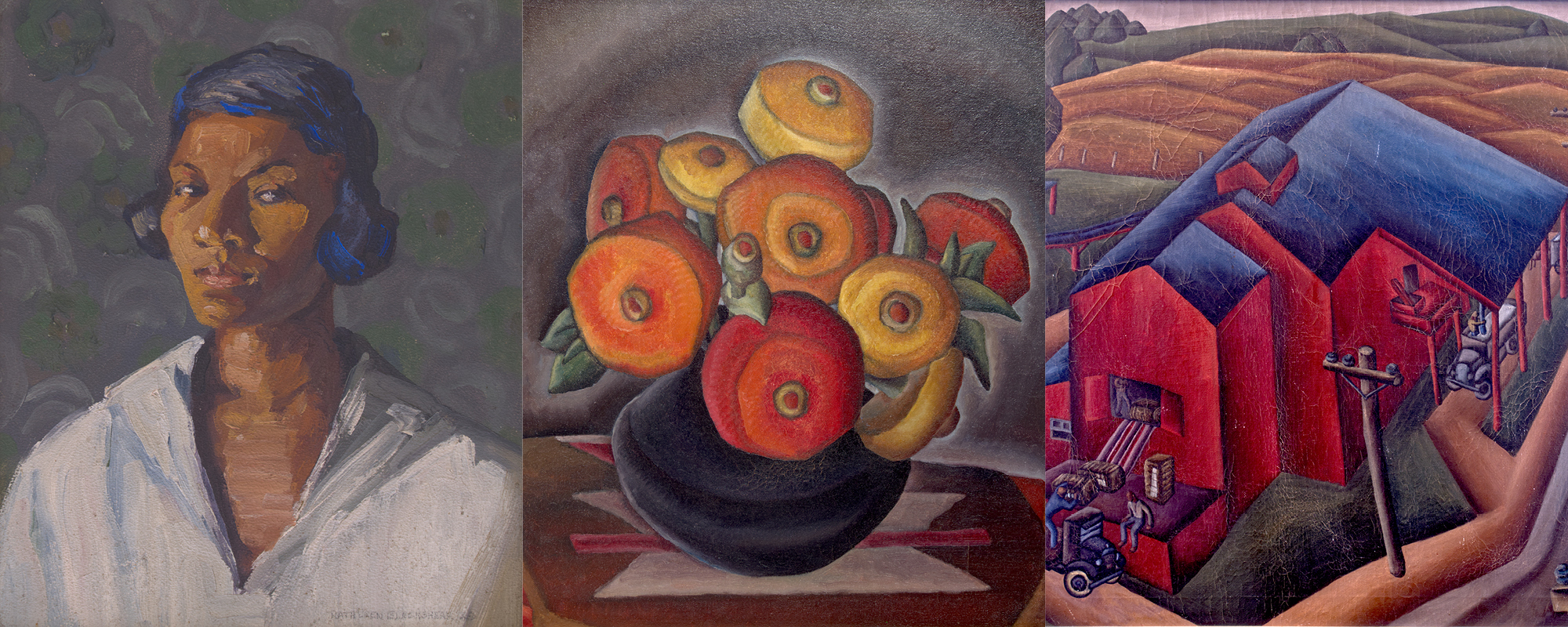 Collage of three paintings by Kathleen Blackshear. Left to right, portrait of a woman named Mad'line, a bowl of red, yellow, and orange flowers, and the Terrell Family Cotton Gin. 