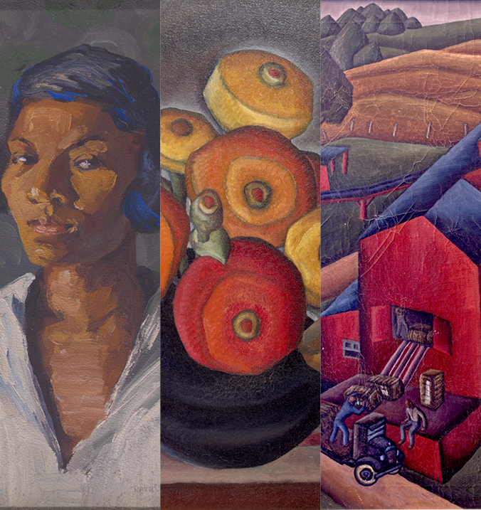 Collage of three paintings by Kathleen Blackshear. Left to right, portrait of a woman named Mad'line, a bowl of red, yellow, and orange flowers, and the Terrell Family Cotton Gin.