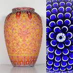 Two-image collage featuring a decorative pink and yellow vase and a blue floral paperweight.