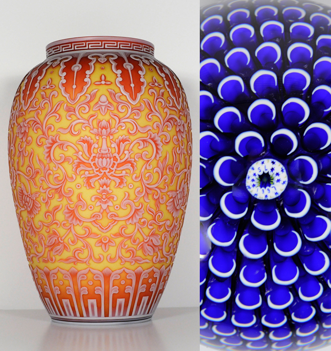 Two-image collage featuring a decorative pink and yellow vase and a blue floral paperweight.