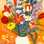 Colorful flowers in a tall white vase.