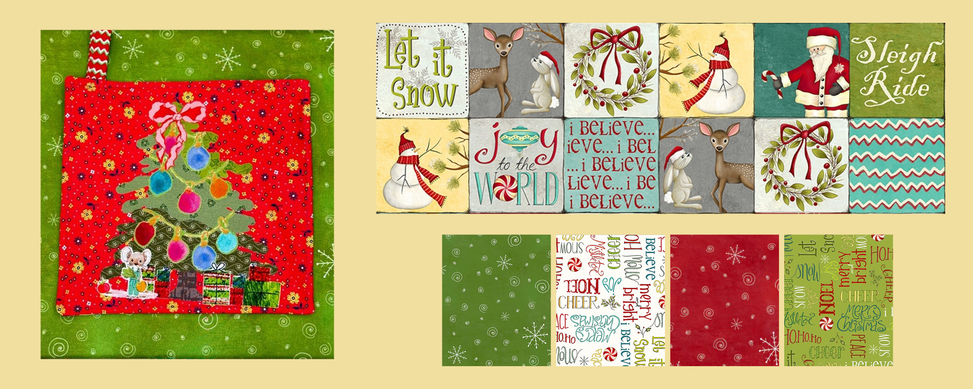 Holiday quilted potholder featuring holiday tree and seasonal fabric swatches.