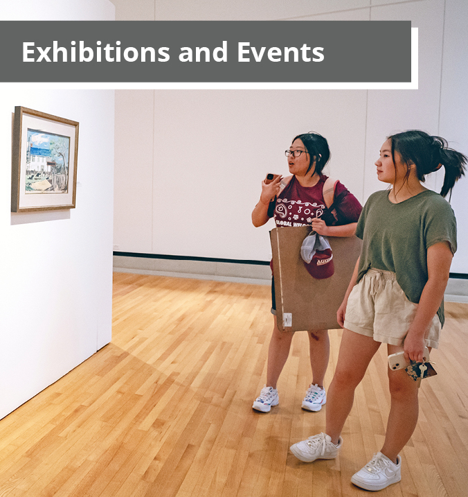 Exhibitions and Events. Two student visitors look at paintings hanging on the gallery walls.