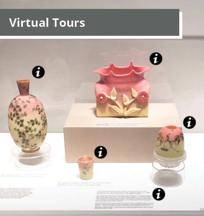 Virtual Tours. Glass objects in display case with information icons beside them.