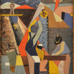 Colorful abstract painting of men working outside