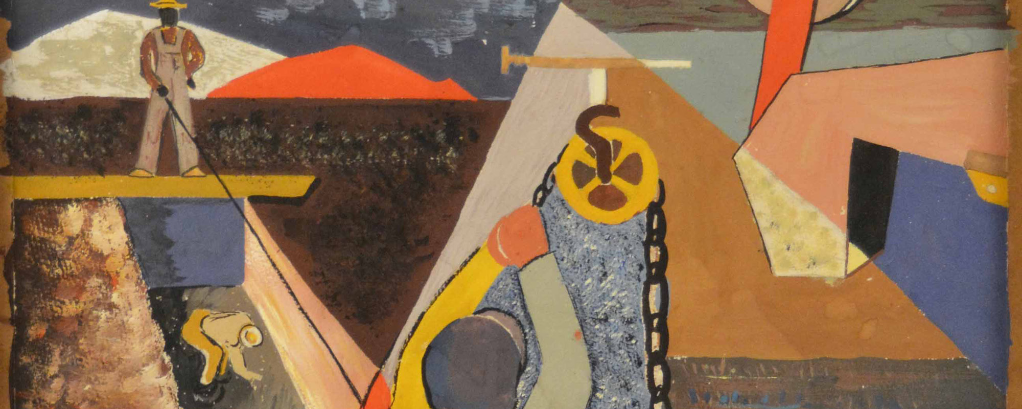 Colorful abstract painting of men working outside
