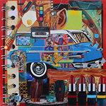 Mixed media on wood. Colorful collage of various objects like lipstick tubes, astronauts, a cassette, a vintage automobile, and the human body.