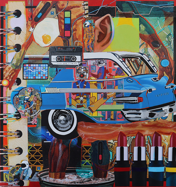 Mixed media on wood. Colorful collage of various objects like lipstick tubes, astronauts, a cassette, a vintage automobile, and the human body.