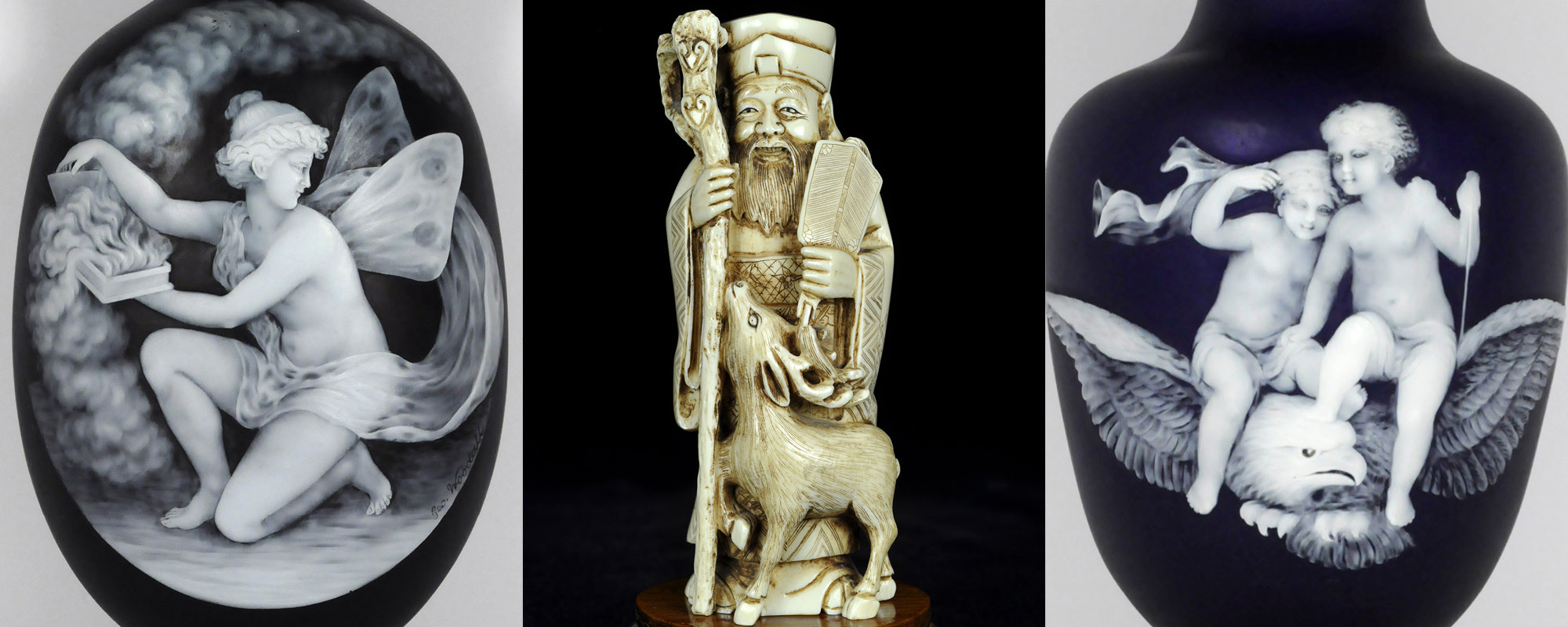 collage of cameo glass and figurines featuring mythical and legendary creatures.