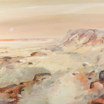 Beach scene painting with rocky land, ocean, and moon in pale pinks and peaches