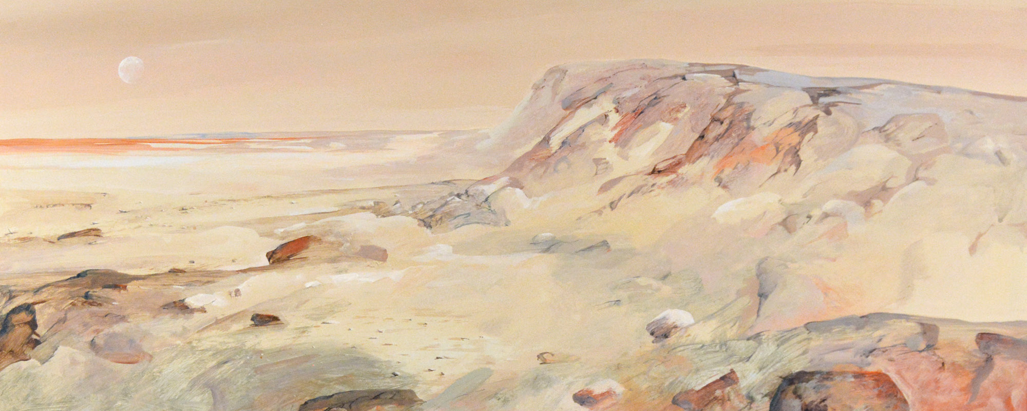 Beach scene painting with rocky land, ocean, and moon in pale pinks and peaches