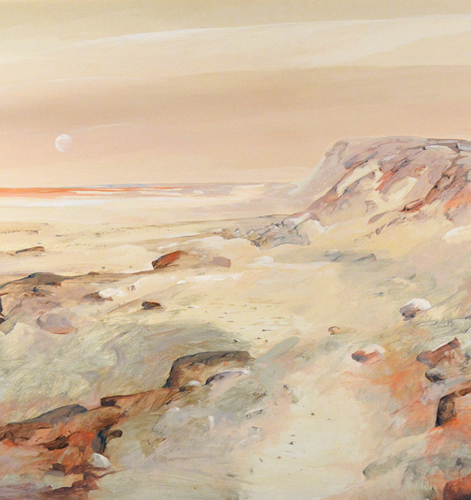 Beach scene painting with rocky land, ocean, and moon in pale pinks and peaches