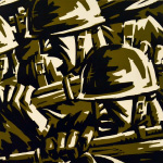 Illustration of soldiers up close wearing helmets and wielding rifles