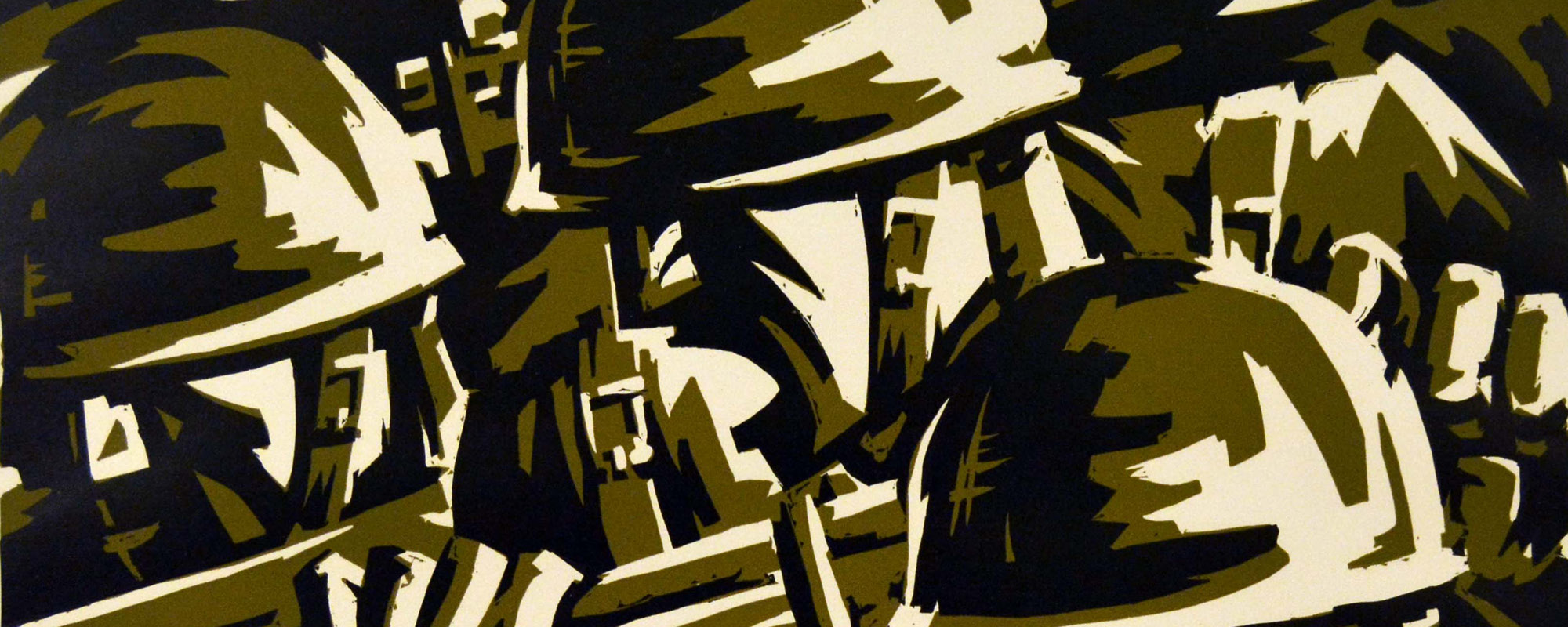 Illustration of soldiers up close wearing helmets and wielding rifles