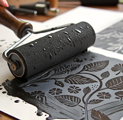 Hand rolling black ink onto a floral linocut block.