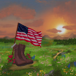 Digital painting of a field of wildflowers with brown combat boots, an American flag, and an MIA silver cuff bracelet in the foreground