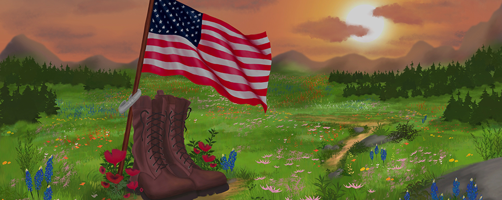 Digital painting of a field of wildflowers with brown combat boots, an American flag, and an MIA silver cuff bracelet in the foreground