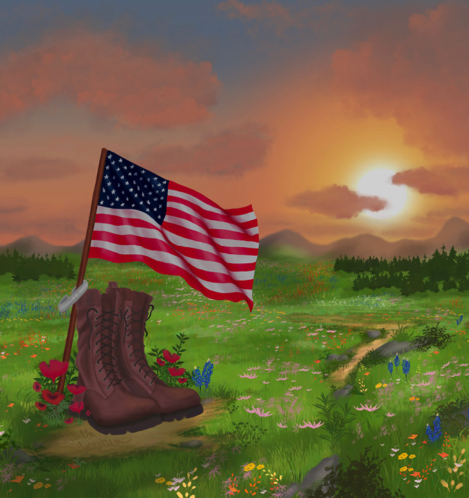 Digital painting of a field of wildflowers with brown combat boots, an American flag, and an MIA silver cuff bracelet in the foreground