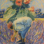 Abstract mixed media painting of woman bent over dropping a handful of seeds